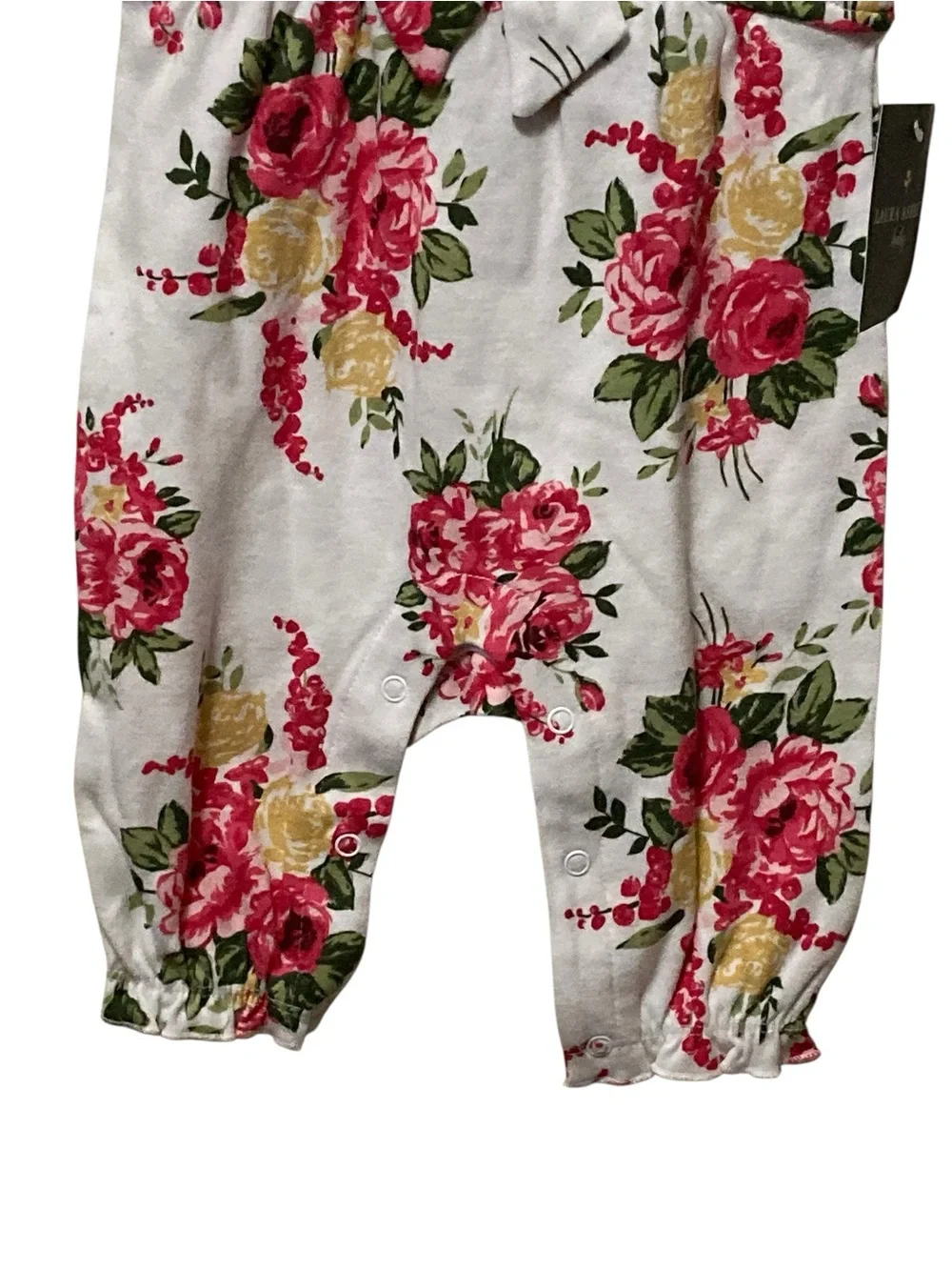 Laura Ashley White Floral Bow Jumpsuit with Pink and Yellow Roses